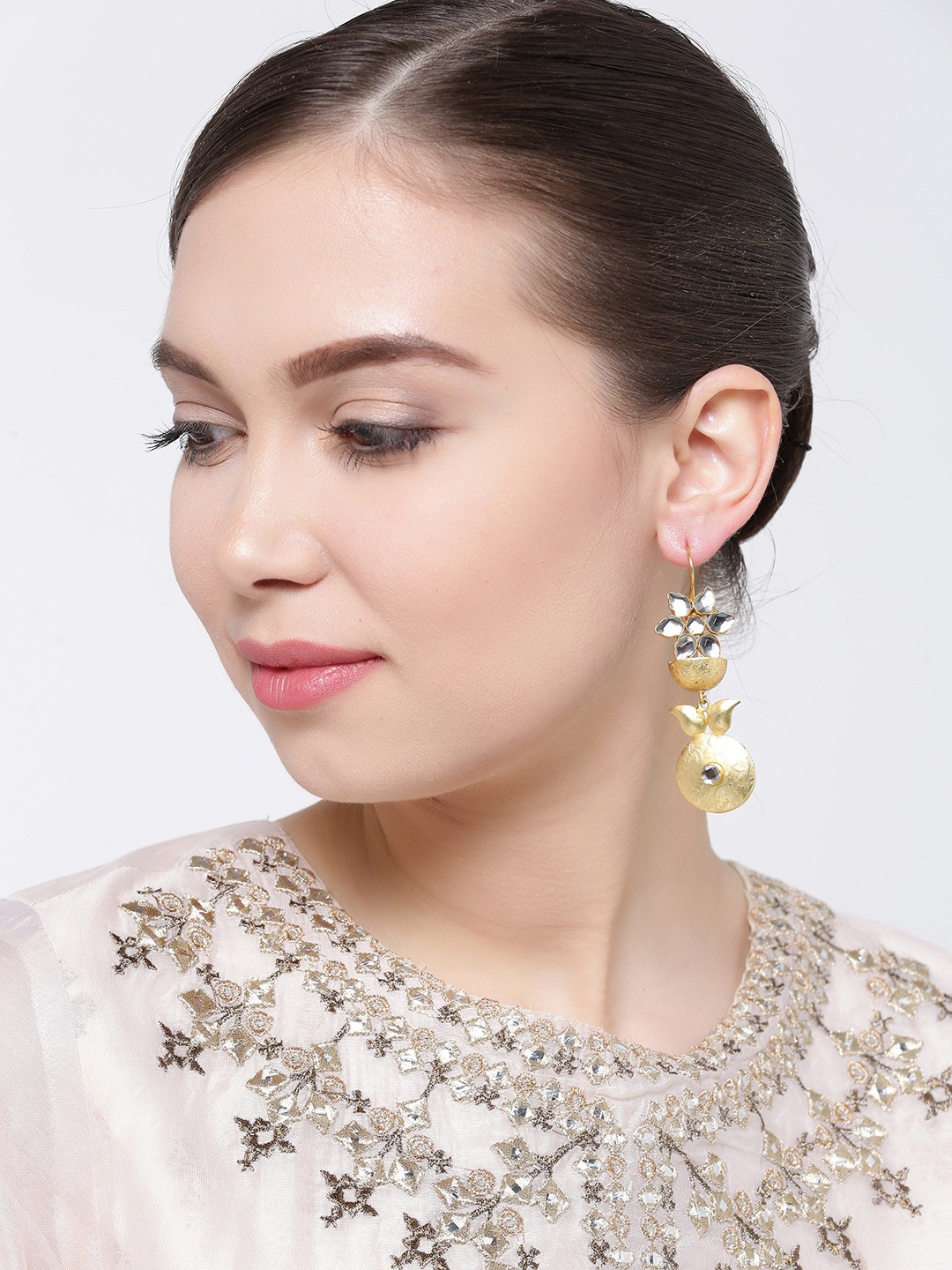YouBella Gold-Plated Stone-Studded Floral Drop Earrings